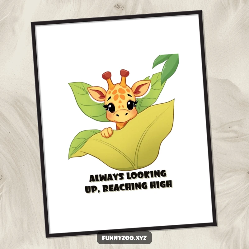 Funny Free Printable Wall Art: A happy giraffe playfully peeking over a large, stylized jungle leaf, adding a whimsical touch.