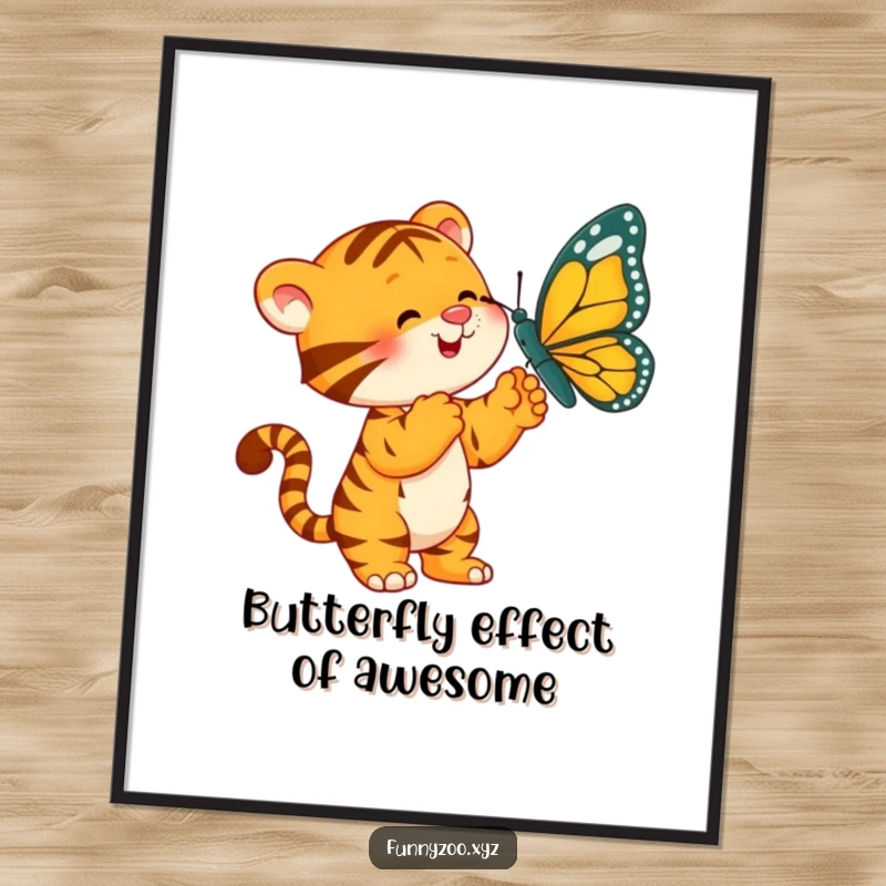Funny Free Printable Wall Art: Playful Tiger Character Reaching Out to Bat an Oversized Butterfly