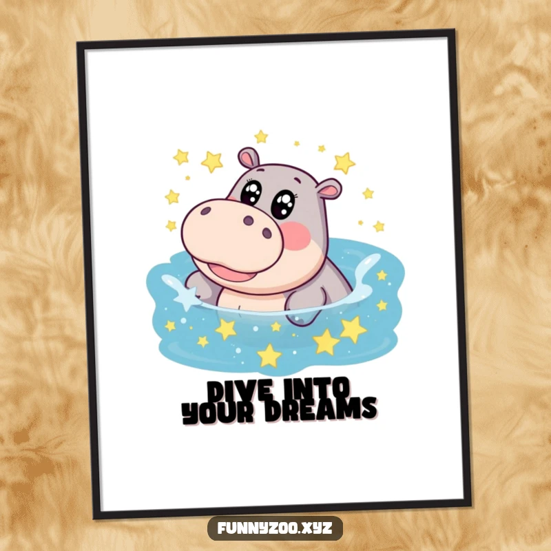 Funny Free Printable Wall Art: A giggling hippo with big, expressive eyes splashes joyfully in a surreal pool filled with shimmering stars.