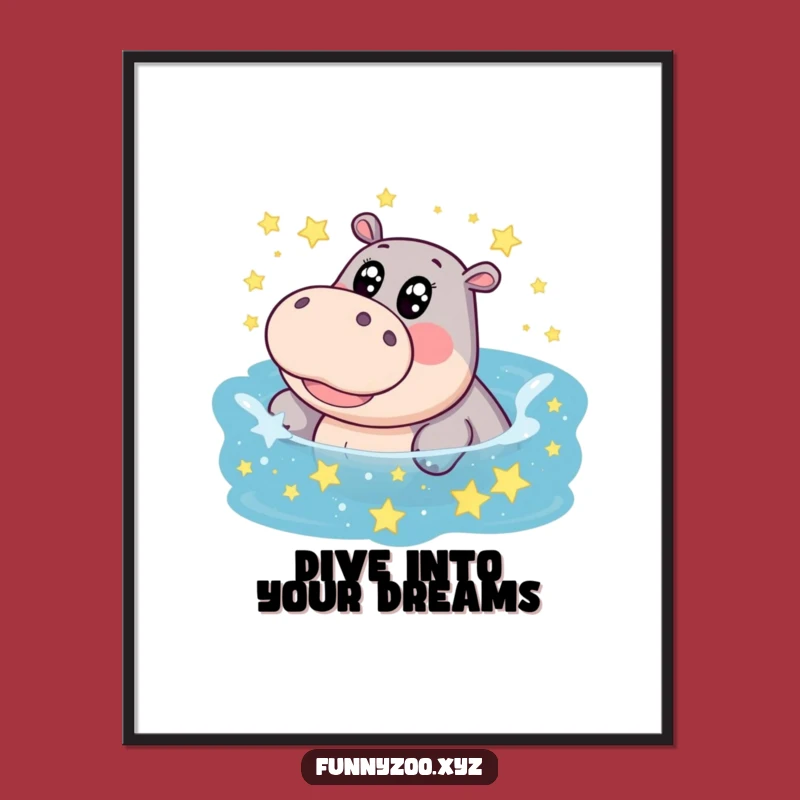 Free Printable Funny Hippo Wall Art: Star Pool Whimsical Creature Downloadable Decor