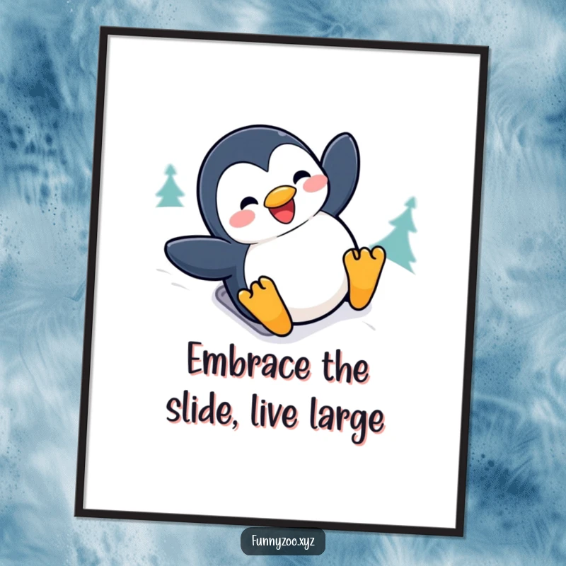 Funny Free Printable Wall Art: A penguin joyfully slides down a snowy hill with a big grin, perfect for winter decor.