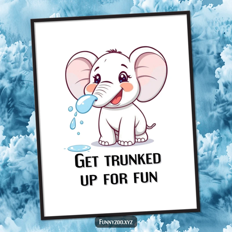 Funny Free Printable Wall Art: Delighted cartoon elephant joyfully spraying water from its trunk, radiating happiness and playfulness.