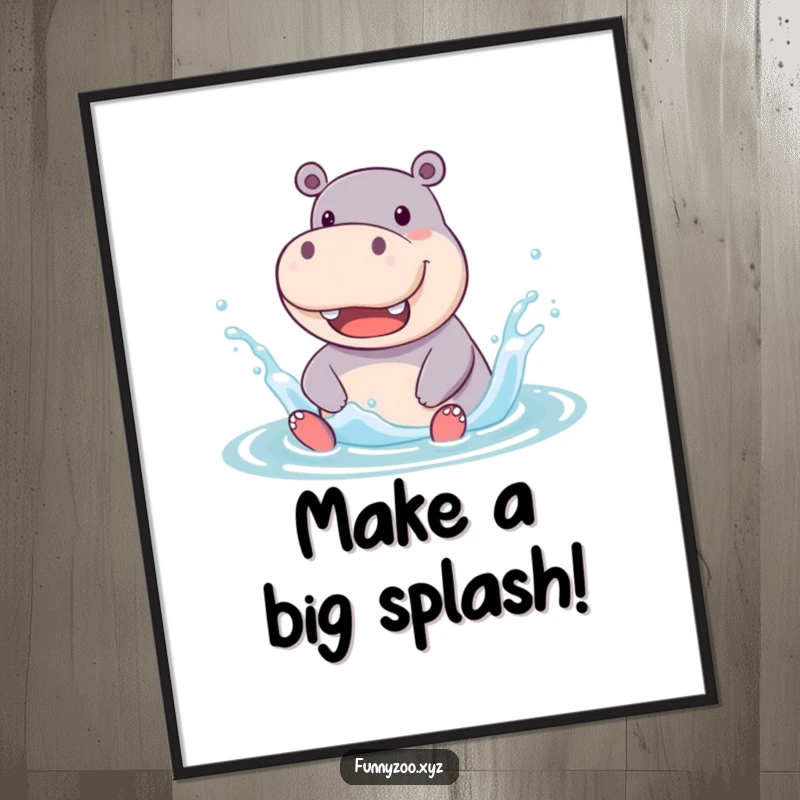 Funny free printable wall art of a jolly hippo character joyfully splashing water with a big, happy grin.