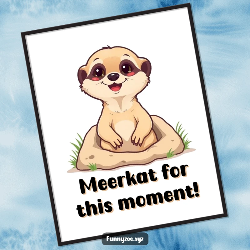 Funny free printable wall art of a happy meerkat popping out of its burrow, looking curious and cheerful.