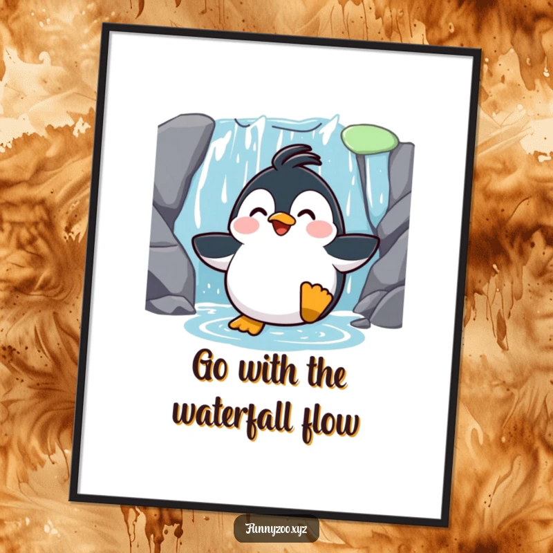 Funny Free Printable Wall Art: A surprised penguin with slicked feathers laughing as it slides down a waterfall.