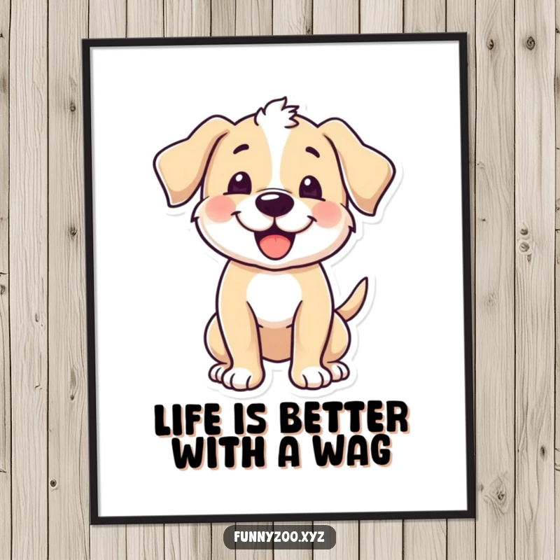Funny Free Printable wall art of a joyous puppy character with its tail going wild, spreading happiness.