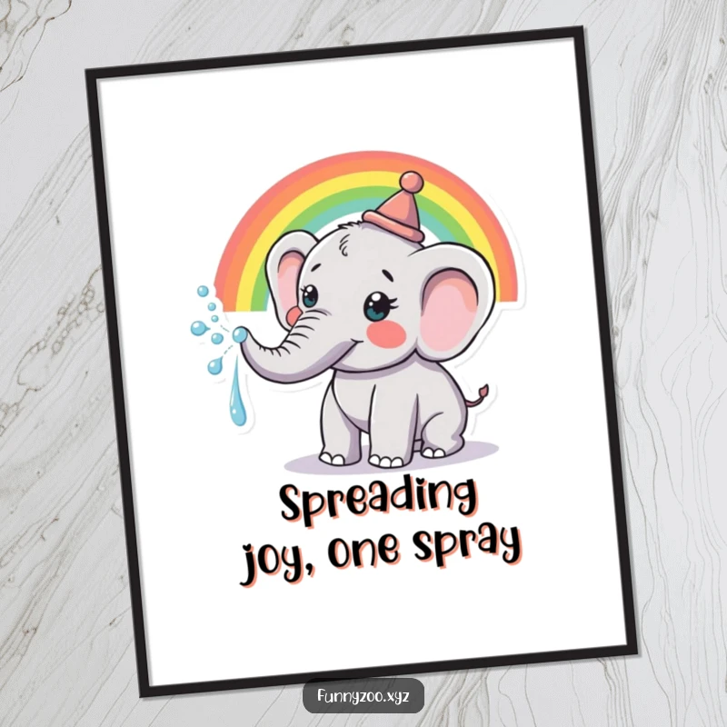 Cheerful Free Printable Wall Art: A happy elephant in a tiny hat joyfully sprays a vibrant rainbow from its trunk.
