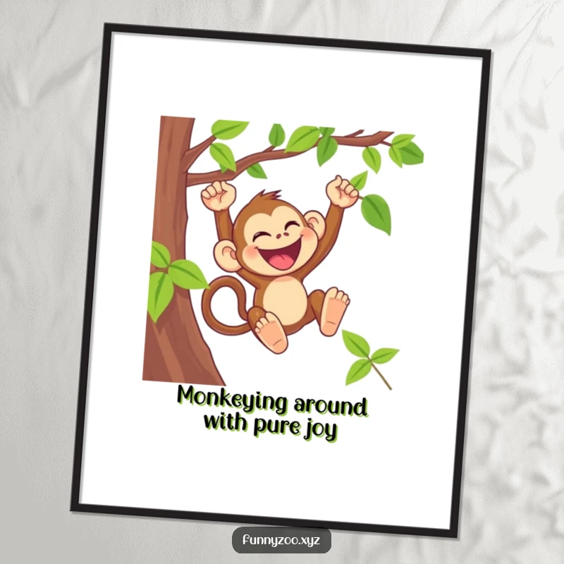 Funny Free Printable Wall Art: A laughing monkey swinging from a vine with infectious glee, bringing joy.