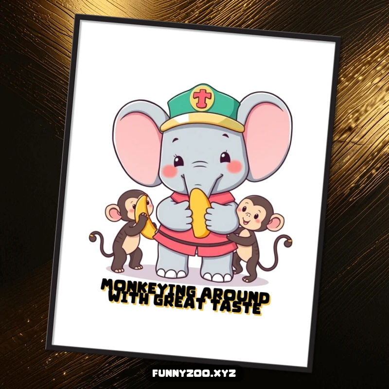 Funny Free Printable Wall Art: Adorable elephant zookeeper cheerfully offers a banana to a smiling monkey.