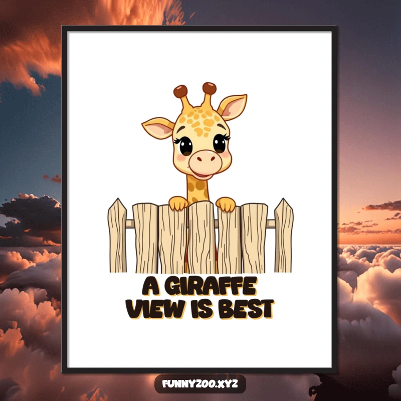 Funny Free Printable Wall Art: A cheerful giraffe character amusingly peers over a tall fence.