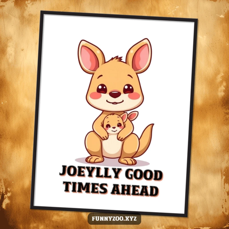 Funny Free Printable Wall Art: Silly Kangaroo Character with Joey Peeking Out, Both Making Funny Faces