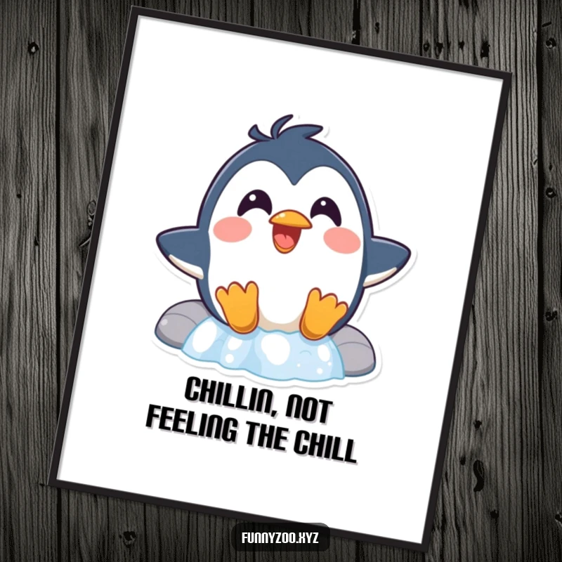 Funny Free Printable wall art: A surprised penguin with slick feathers laughing gleefully while sliding down a waterfall.