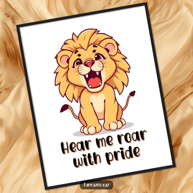 Funny Free Printable Wall Art showcasing a determined lion cub cub practicing its majestic roar, exuding confidence and charm.