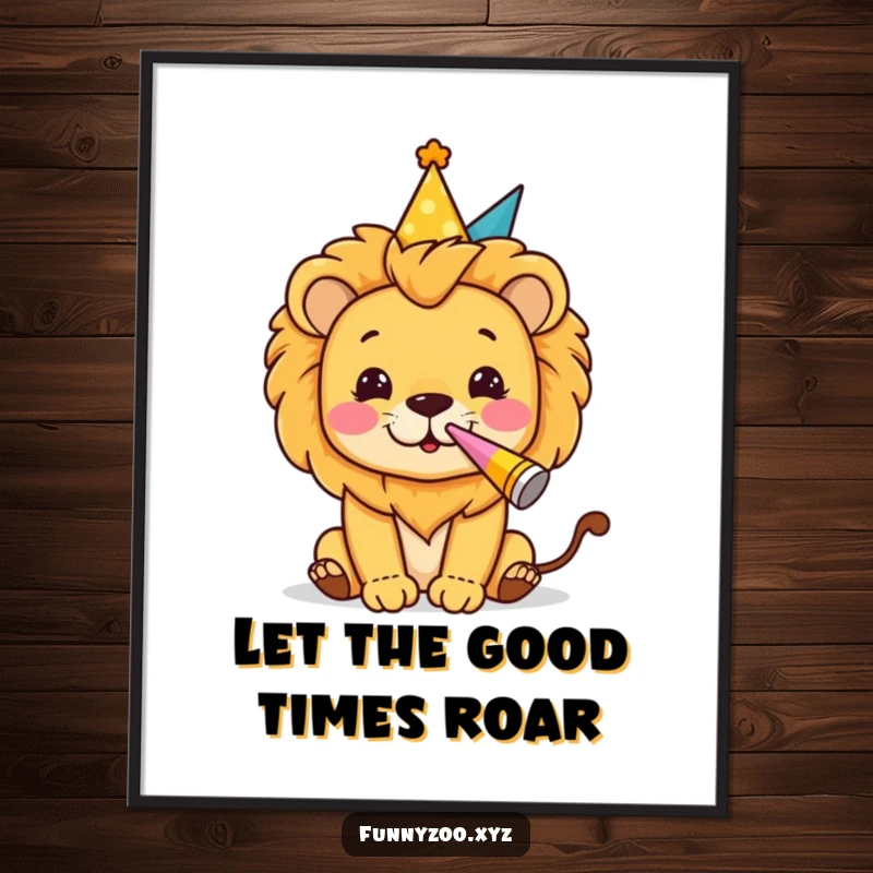 Funny Free Printable Wall Art of a lion in a party hat, blowing a party horn with wild enthusiasm and fun.