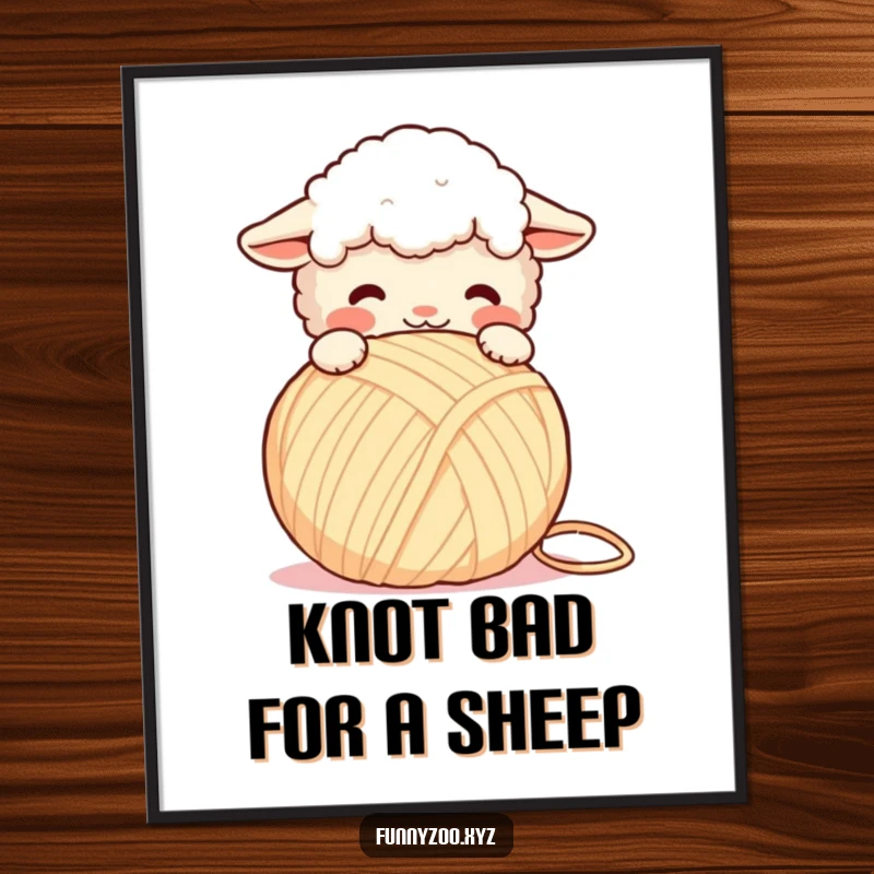 Funny Free Printable Wall Art: A fluffy sheep is pictured mid-headbutt against a massive ball of yarn.
