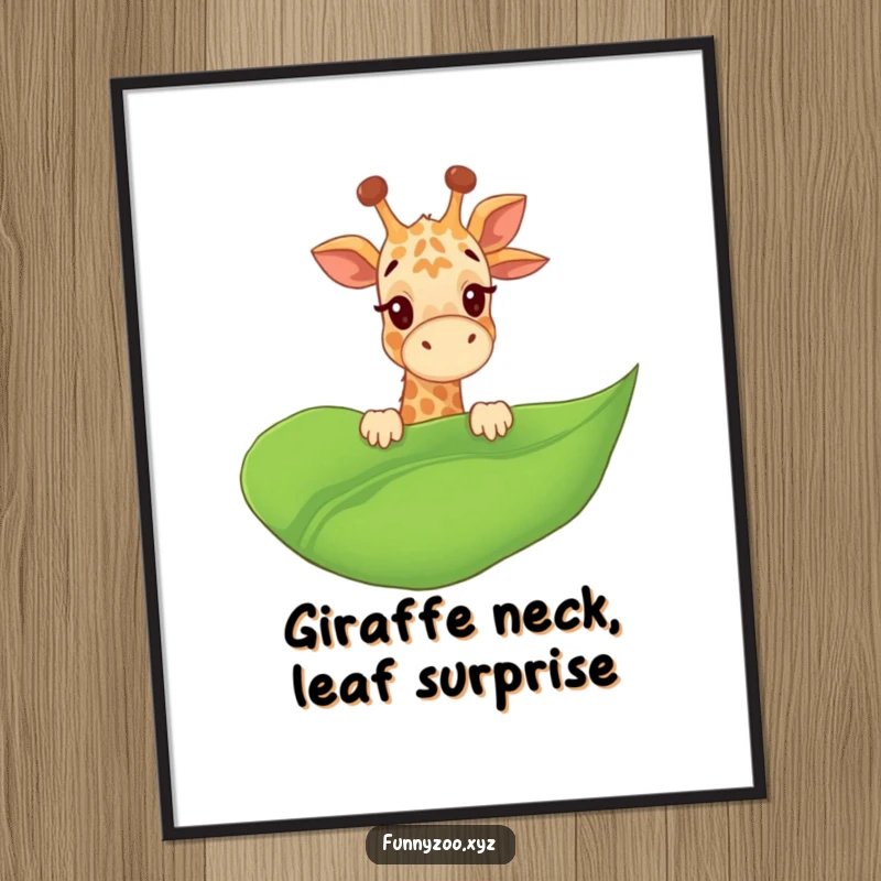 Funny Free Printable Wall Art: Giggling giraffe peeking over a large leaf, a humorous, downloadable piece of whimsical art.