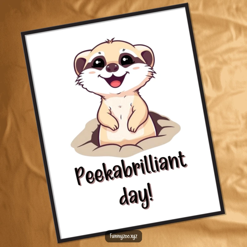 Funny free printable wall art featuring an adorable meerkat popping its head out of a hole, looking curious and happy.