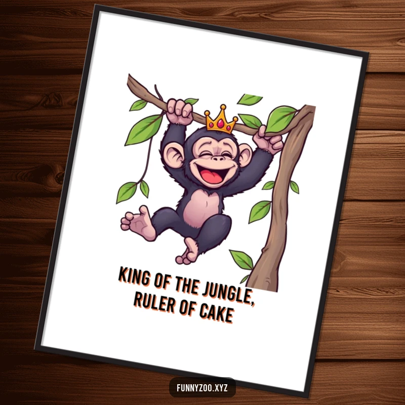 Funny Free Printable Wall Art: Giggling chimpanzee wearing a small crown, swinging dynamically from a vine, exuding playful energy.