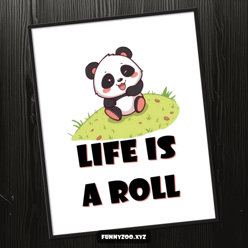 Funny free printable wall art depicting a panda tumbling joyfully down a grassy hill, adding quirky charm.