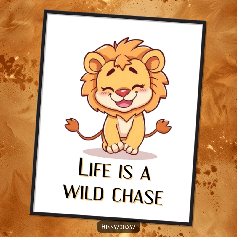 Funny Free Printable Wall Art: A mischievous lion with a wide grin is caught mid-spin chasing its own tail.
