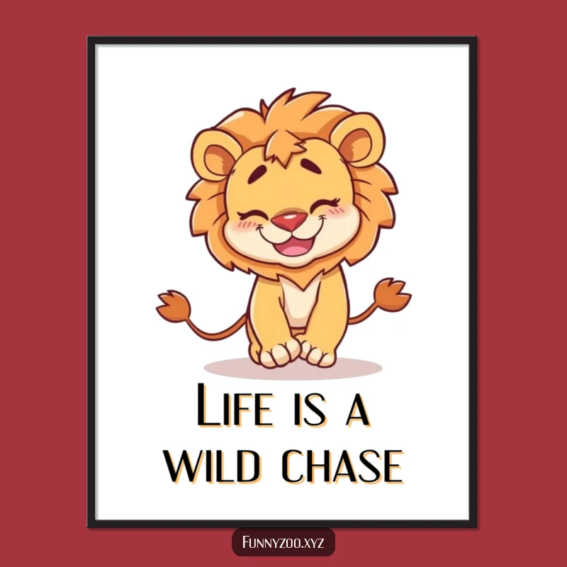 Free Printable Wall Art Funny Lion Chasing Tail, Humorous Downloadable Home Decor