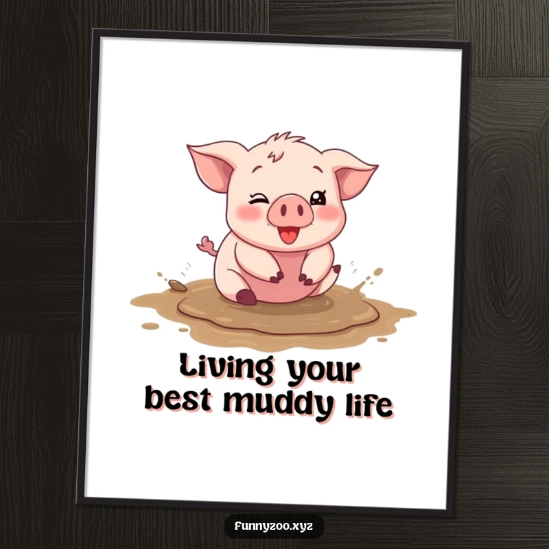 Funny Free Printable wall art of a silly cartoon piglet completely happy while rolling in a mud puddle.