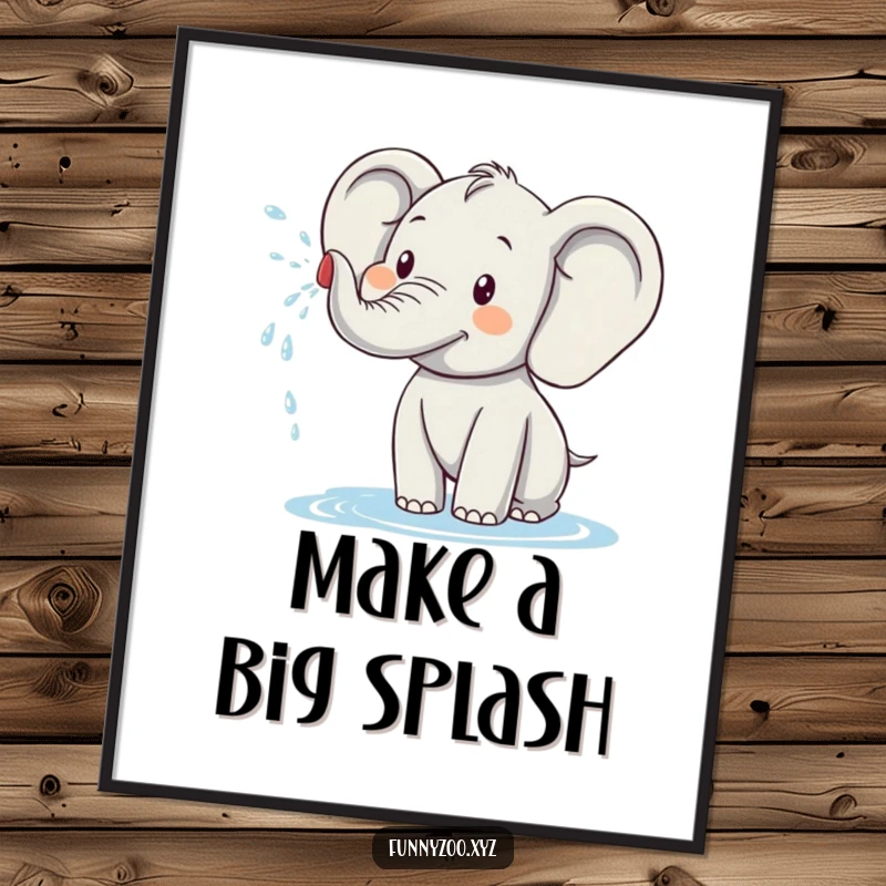 Funny Free Printable Wall Art depicting a joyous elephant character playfully spraying water, bringing a sense of fun and whimsy.
