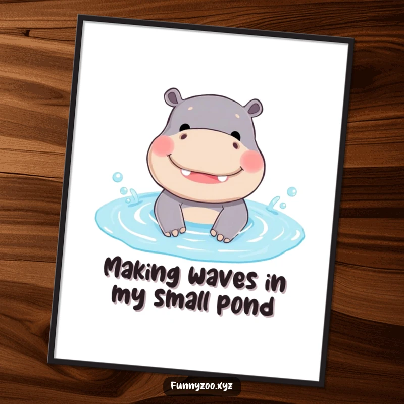Free Printable Wall Art: A smiling hippo playfully splashes in a tiny pool, creating ripples and radiating pure joy.