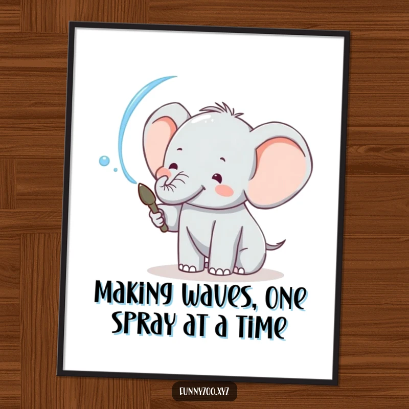 Funny Free Printable Wall Art: A cheerful elephant joyfully spraying water in a dynamic, artistic arc, bringing playful energy.