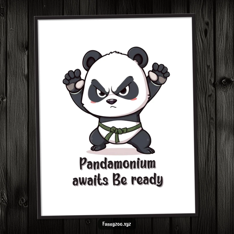 Funny Free Printable Wall Art: A panda with a determined squint executes a flawless martial arts pose, exuding focused strength.