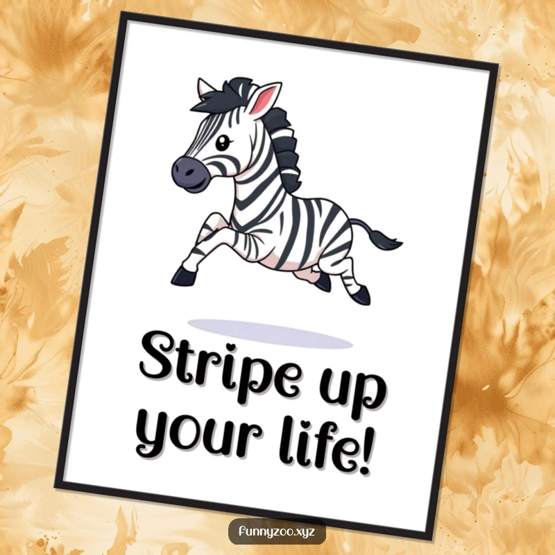 Funny free printable wall art showcasing a zebra in mid-gallop, legs kicking dynamically, capturing pure movement and fun.