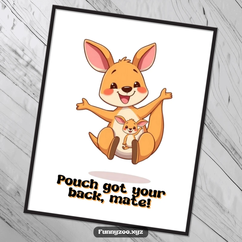 Funny Free Printable Wall Art: Happy Kangaroo Character Bouncing High with Joey in Pouch, Joyful Art
