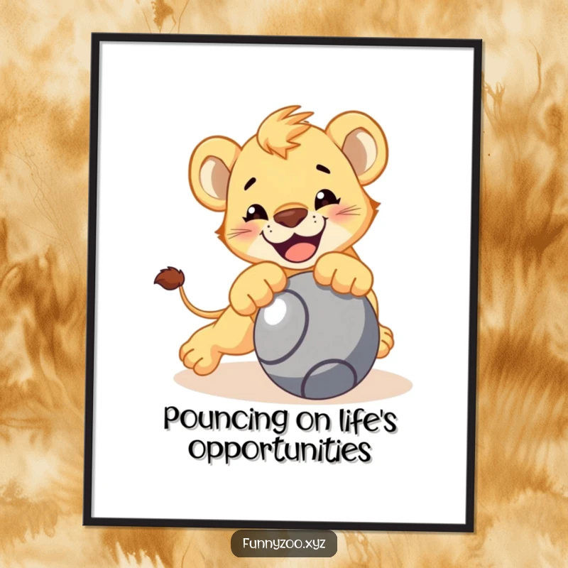 Funny Free Printable wall art depicting a smiling lion cub in mid-pounce on a rolling ball, full of playful energy.