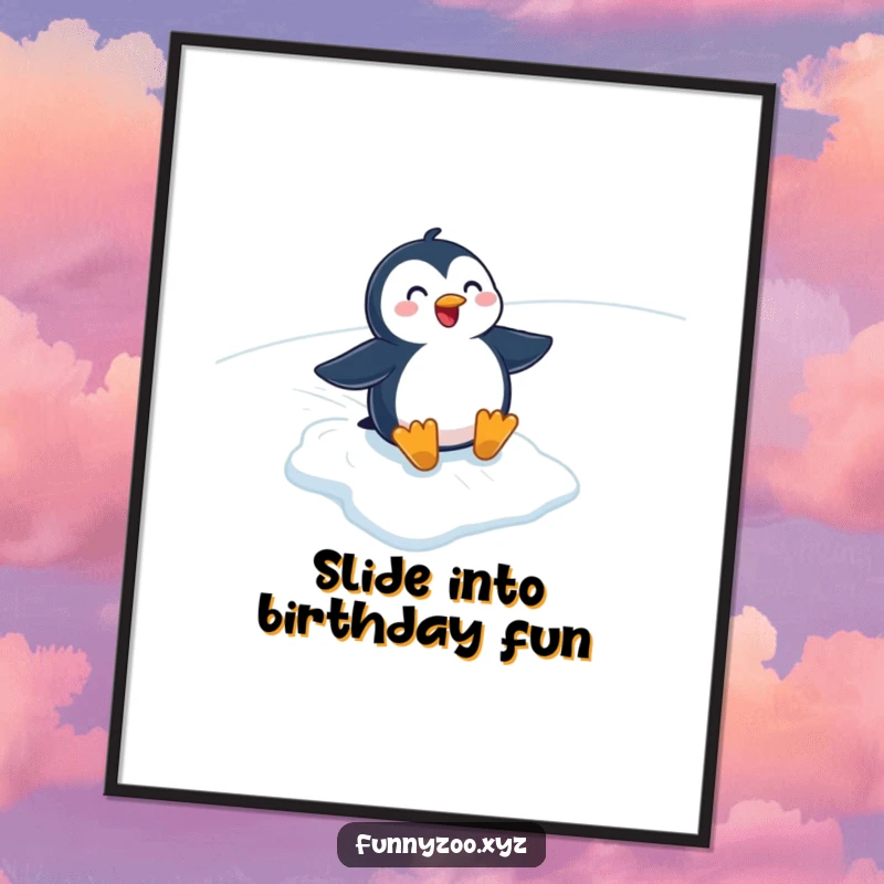 Funny Free Printable Wall Art: Cheerful penguin gleefully sliding down a snowy, icy slope, radiating pure winter happiness.