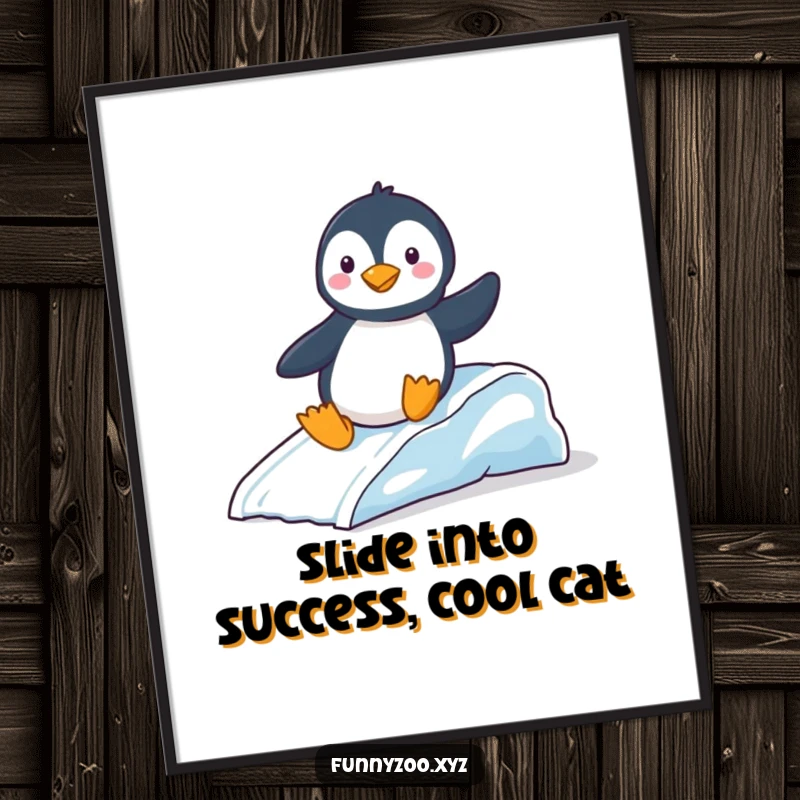 Funny Free Printable Wall Art: A happy penguin joyfully slides down a miniature ice slide.