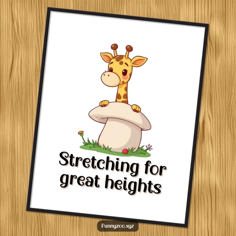 Funny Free Printable wall art: A cheerful giraffe with a long neck peeking playfully over the top of a giant mushroom.