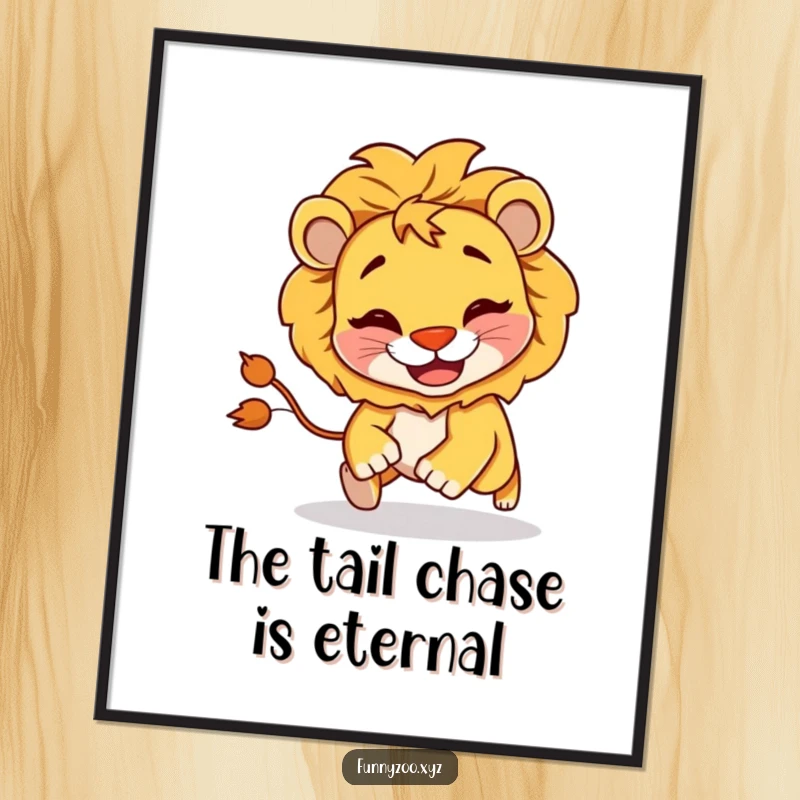 Funny Free Printable Wall Art: Mischievous lion with a goofy grin comically chasing its own tail.