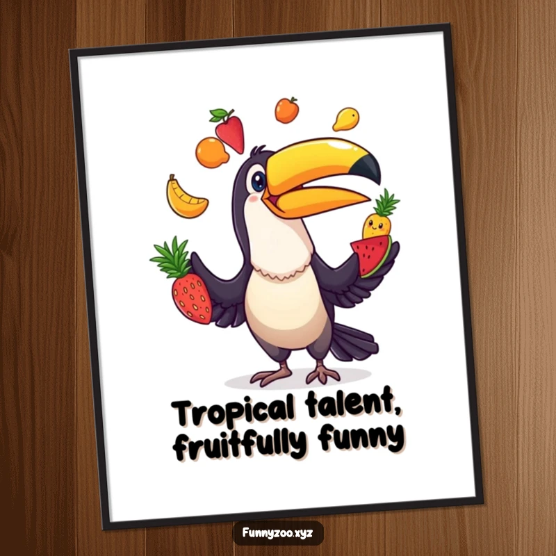 Funny Free Printable Wall Art: A comical toucan with a big beak, skillfully juggling an assortment of brightly colored fruits in a dynamic display.