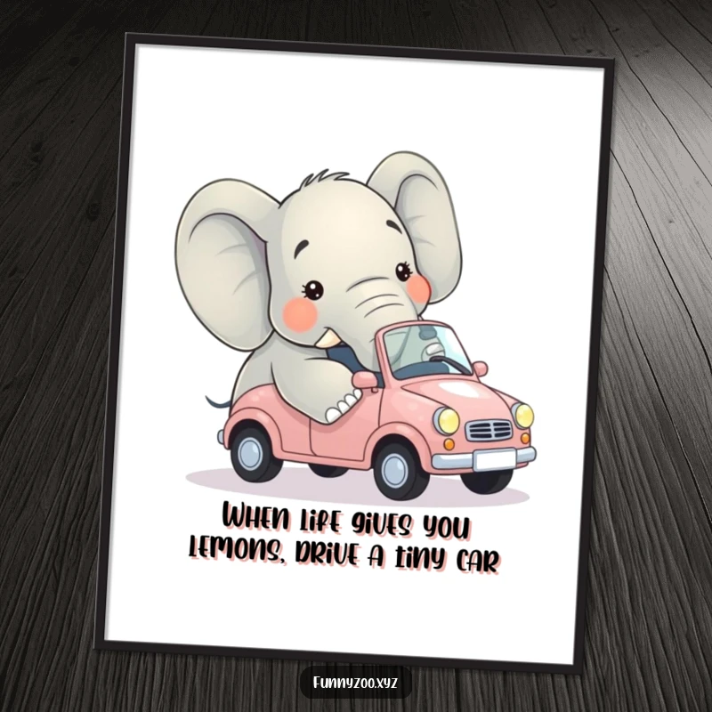 Funny Free Printable Wall Art: An elephant comically attempting to squeeze into a ridiculously small car, a hilarious scene.