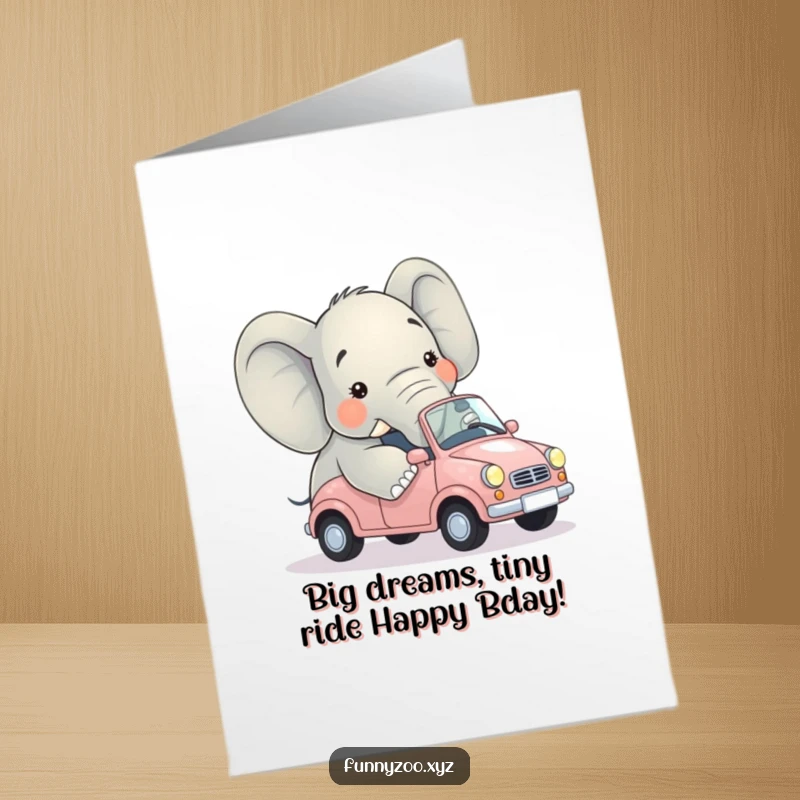 Funny Free Printable Birthday Card featuring a confused elephant hilariously squeezed into a minuscule car, perfect for a laugh.