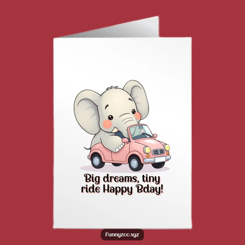 Free Printable Birthday Card: Confused Elephant in Tiny Car Funny Downloadable Gift