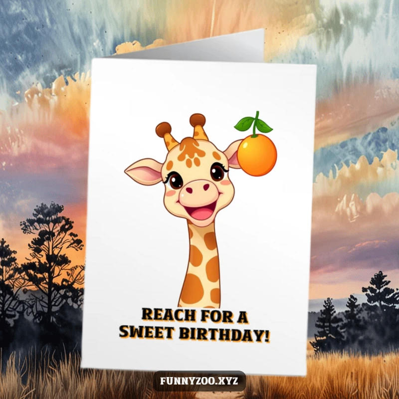 Funny Free Printable Birthday Card: Cheerful giraffe with a wide grin reaching high for a dangling, colorful piece of fruit.