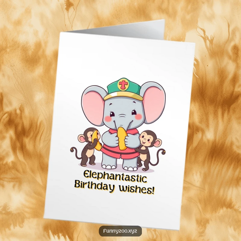 Funny Free Printable Birthday Card: Cute elephant zookeeper happily offering a banana to a mischievous monkey.