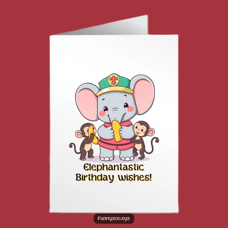 Free Printable Birthday Card: Funny Elephant Zookeeper Offers Banana Gift