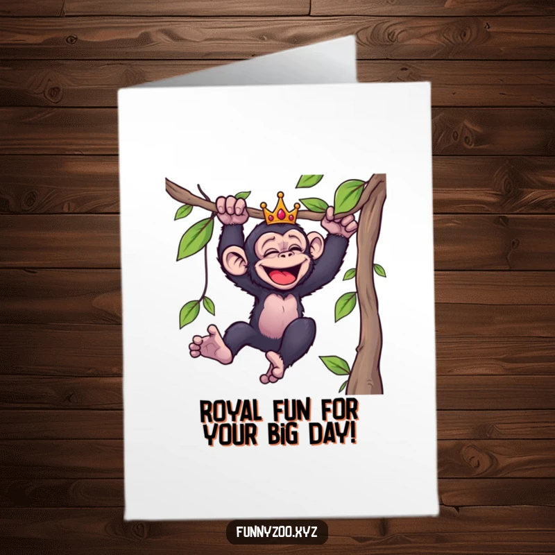 Funny Free Printable Birthday Card: Giggling chimpanzee wearing a tiny crown, swinging joyfully from a vine, ready to celebrate.