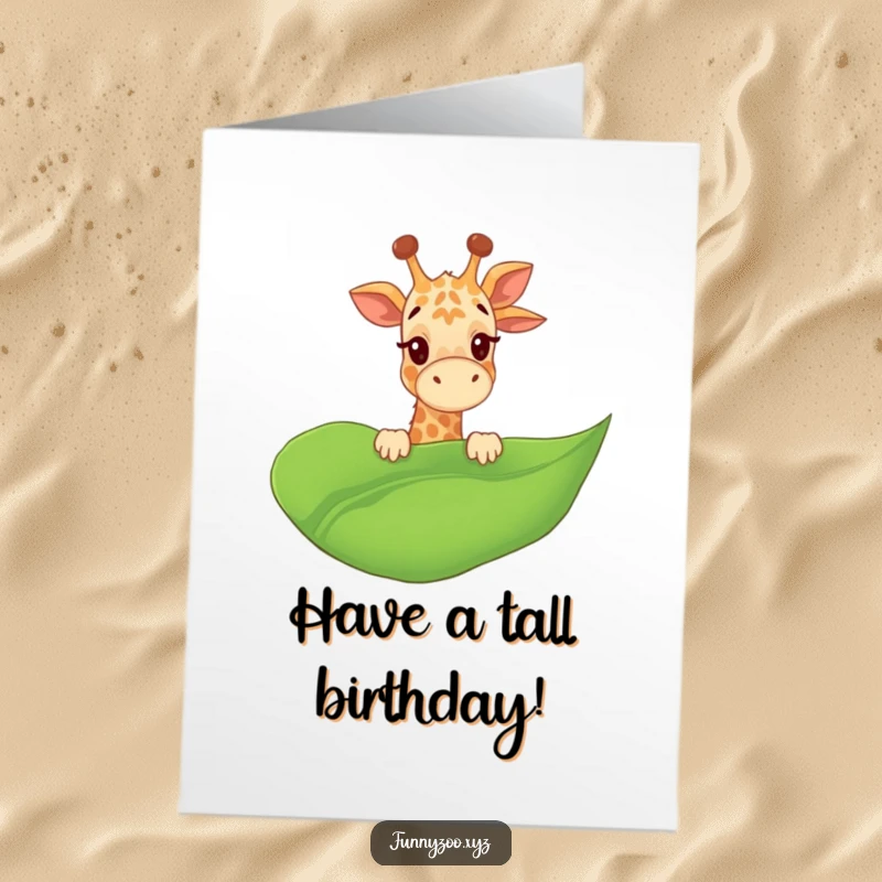 Funny Free Printable Birthday Card: Giggling giraffe peeking over a giant leaf, offering humorous, downloadable birthday joy.