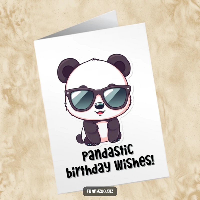 Funny Free Printable Birthday Card: A cute panda character adorably trying on oversized sunglasses, looking effortlessly cool for their birthday.