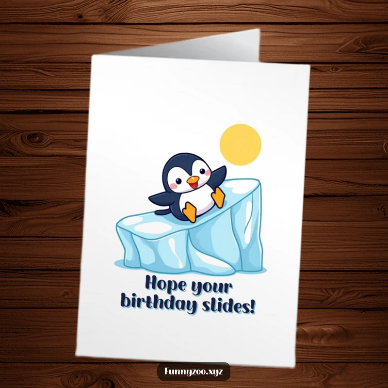 Funny Free Printable Birthday Card: Cheerful penguin sliding down a colorful iceberg, bringing humorous, downloadable birthday cheer.