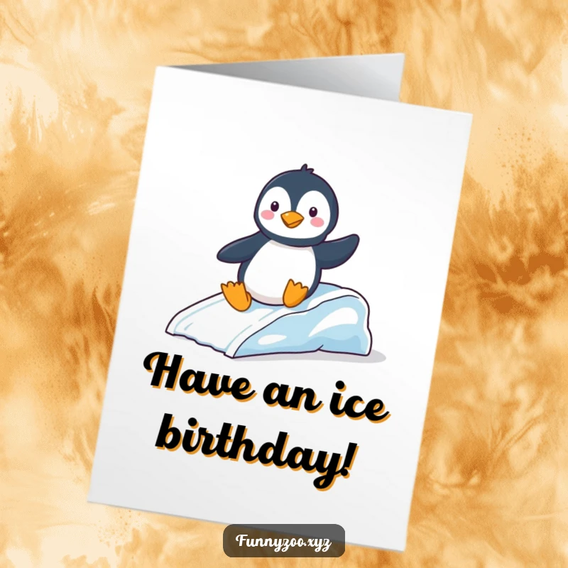 Funny Free Printable Birthday Card: A playful penguin happily slides down a miniature ice slide with glee.
