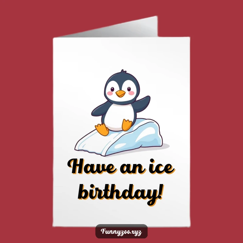 Free Printable Birthday Card: Playful Penguin Ice Slide Fun Birthday Gift